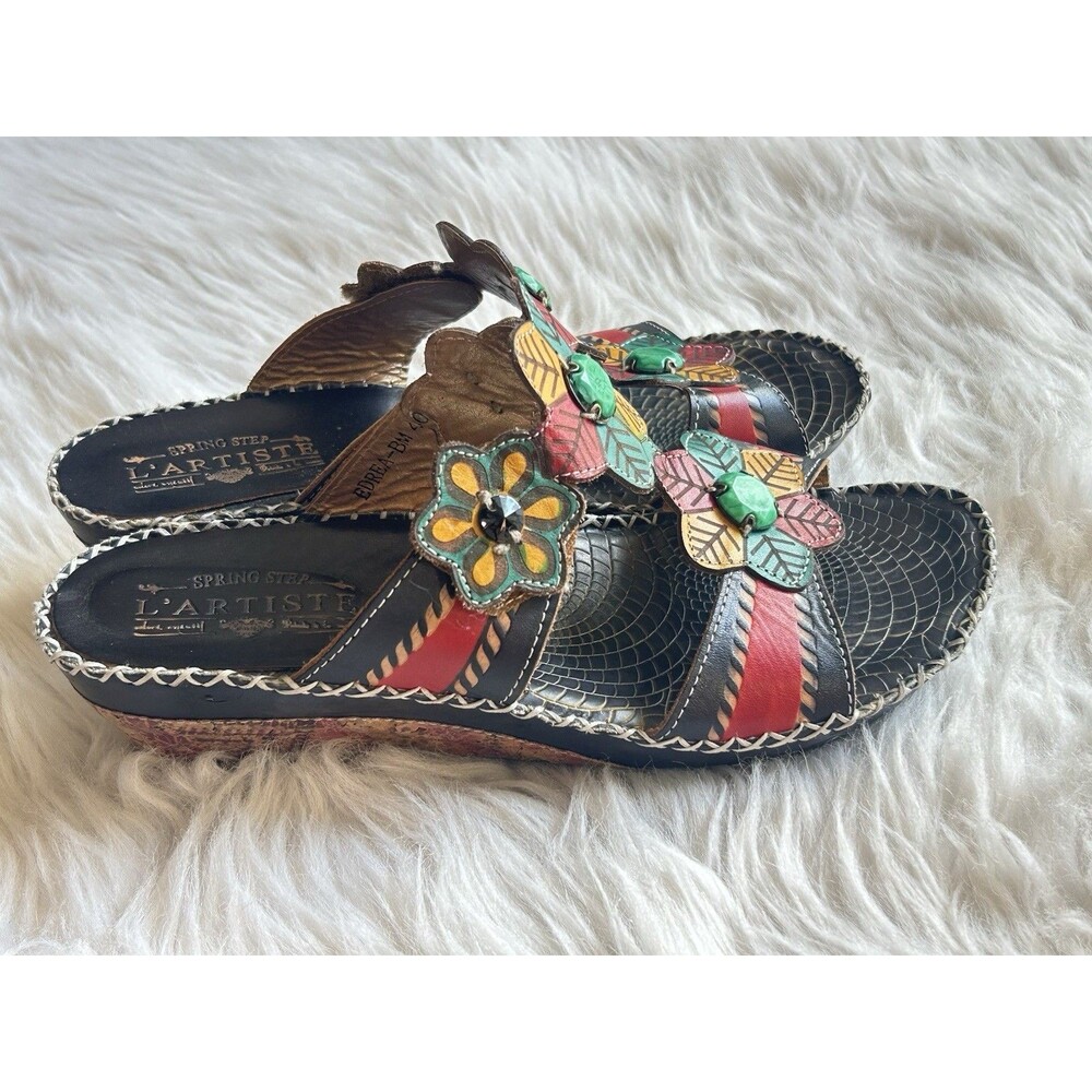 L'Artiste by Spring Step Size 40 Edrea Black Leather Wedge Sandals Floral